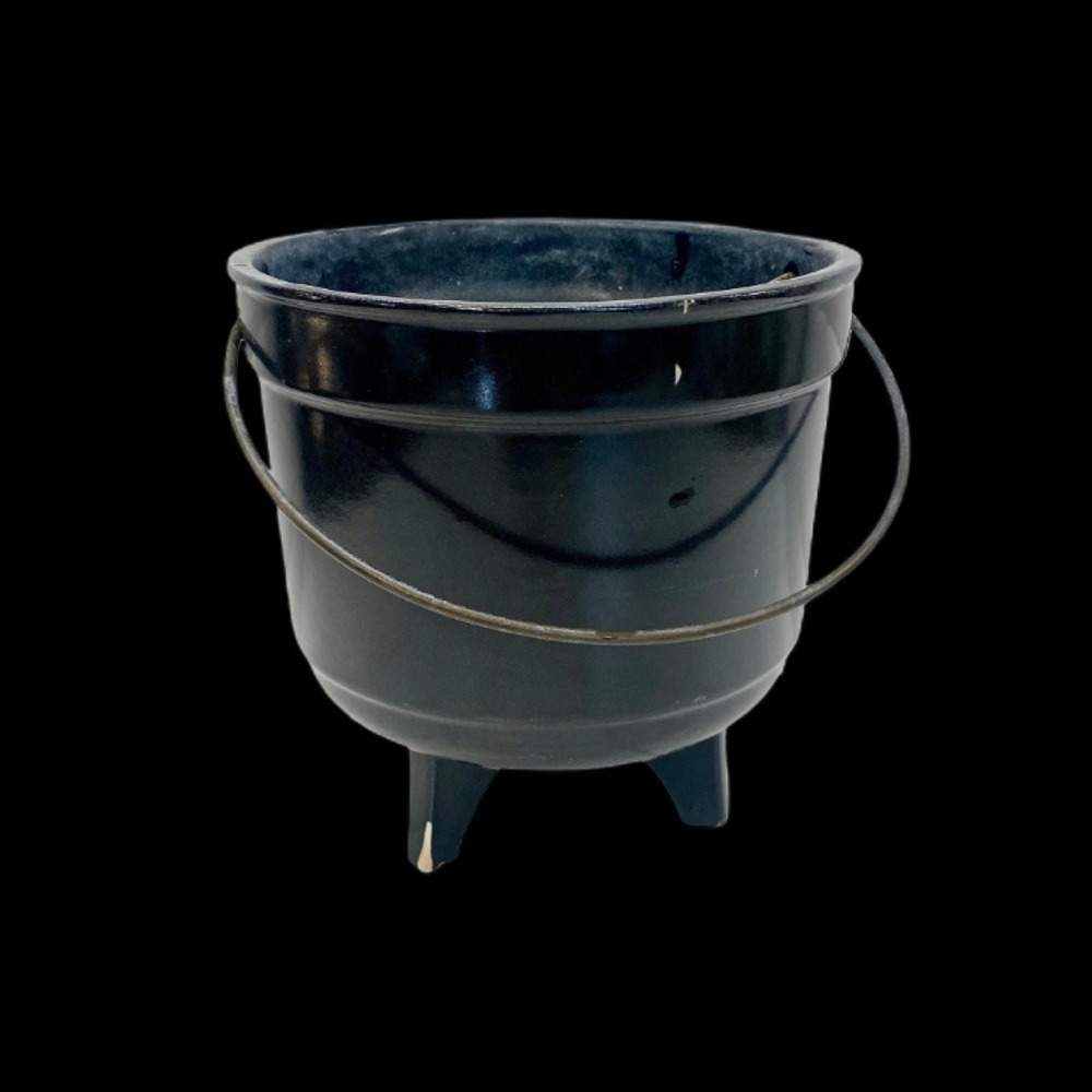 Vintage Black Ceramic Witchy Cauldron Planter, Halloween Decor